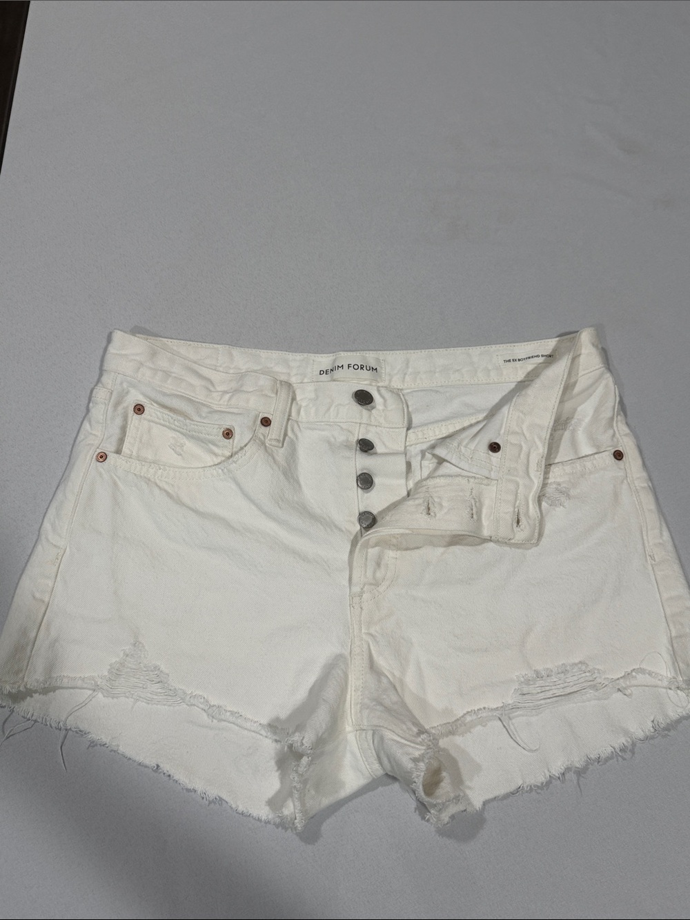 Denim Forum White Distressed Button-Front Ex Boyfriend Jean Shorts